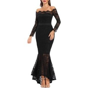 Black Lace Off Shoulder Long Sleeve‎ Bodycon Mermaid Gown Evening Dress XL